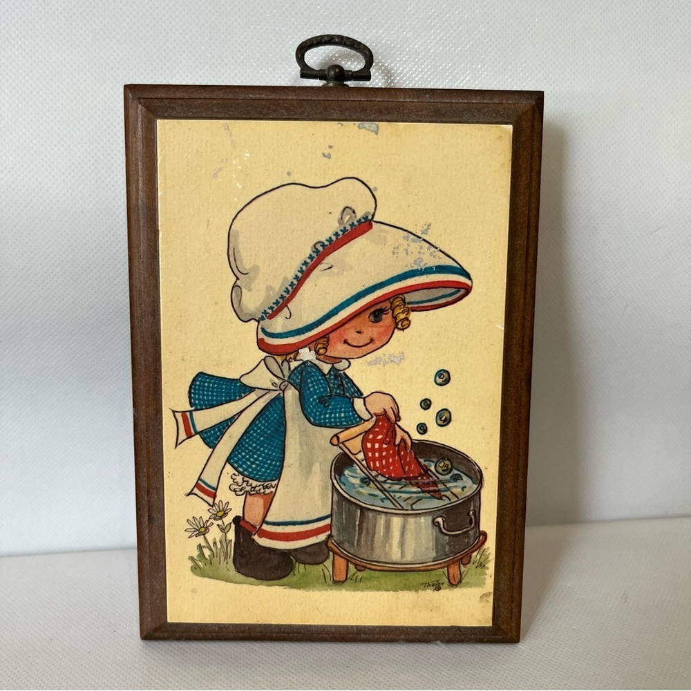 Vintage Little Country Girl Hand Washing Clothes Wall Plaque